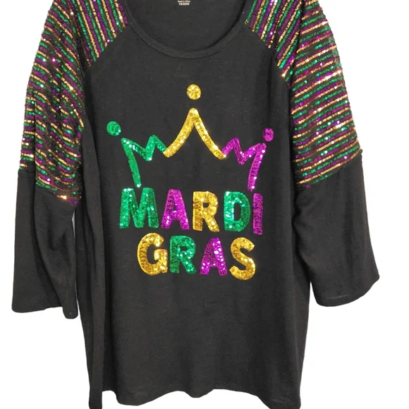 Mardi Gras Sequin Raglan Sleeve Black Sweater Size 18/20W Festival Parade - Picture 2 of 7